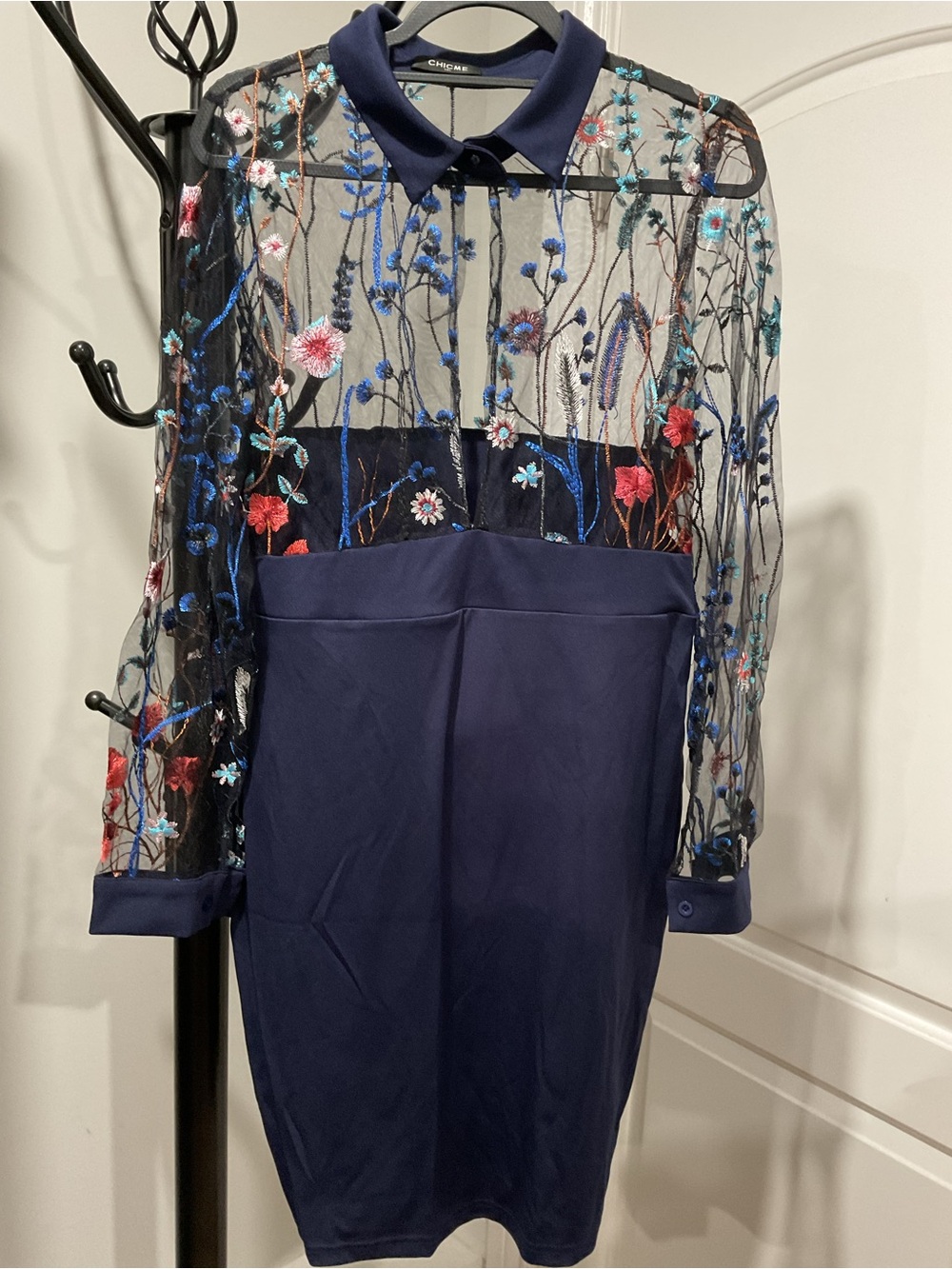 Chicwish Navy Floral Embroidered Mesh Jumpsuit
